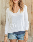 WOODEN SHIPS STAR EMBROIDERED 3/4 SLEEVE V COTTON