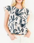 THML AVA LEAF PRINT SMOCKED TOP
