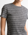 VINCE PLAID GRID-KNIT SHORT-SLEEVE CREW NECK TOP