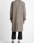 VINCE PLAID CAR COAT W/ FAUX LEATHER TRIM