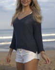 WOODEN SHIPS LEXIE 3/4 SLEEVE V COTTON