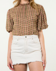 THML PUFF SLEEVE PLAID TOP