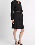VINCE L/S SHIRT DRESS W/ FAUX LEATHER TRIM
