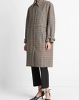 VINCE PLAID CAR COAT W/ FAUX LEATHER TRIM