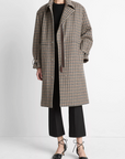 VINCE PLAID CAR COAT W/ FAUX LEATHER TRIM