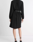 VINCE L/S SHIRT DRESS W/ FAUX LEATHER TRIM