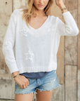 WOODEN SHIPS STAR EMBROIDERED 3/4 SLEEVE V COTTON