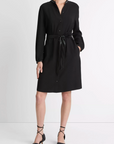 VINCE L/S SHIRT DRESS W/ FAUX LEATHER TRIM