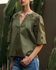 ROSE AND ROSE DELPHINIUM CUCKOOO FLOWER EMBROIDERED TOP