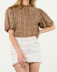THML PUFF SLEEVE PLAID TOP