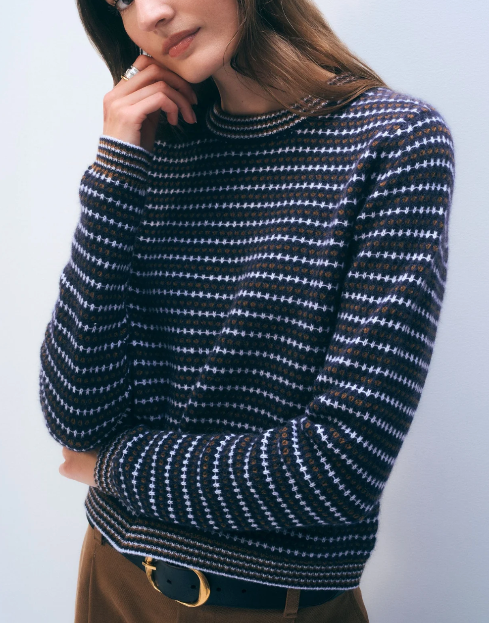 WHITE &amp; WARREN CASHMERE TEXTURED STRIPE CREW