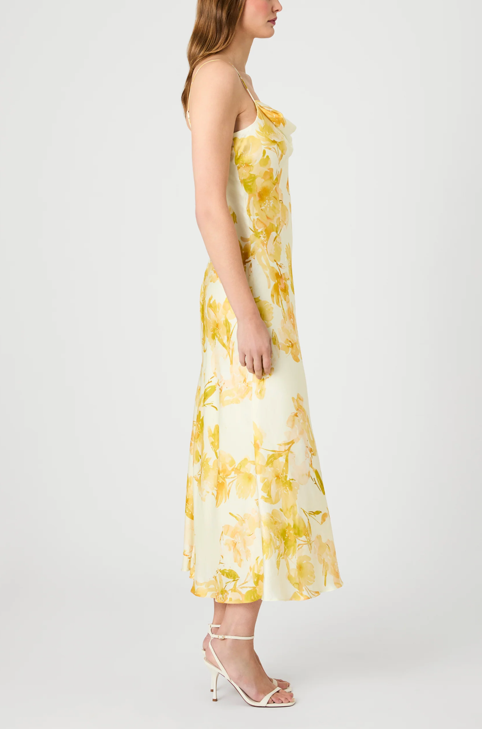 FRENCH CONNECTION OONA SATIN SOPHIE FLEUR COWL NECK MIDI DRESS