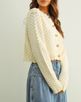 MIOU MUSE BUTTON FRONT CROCHET KNIT SCALLOP CARDIGAN