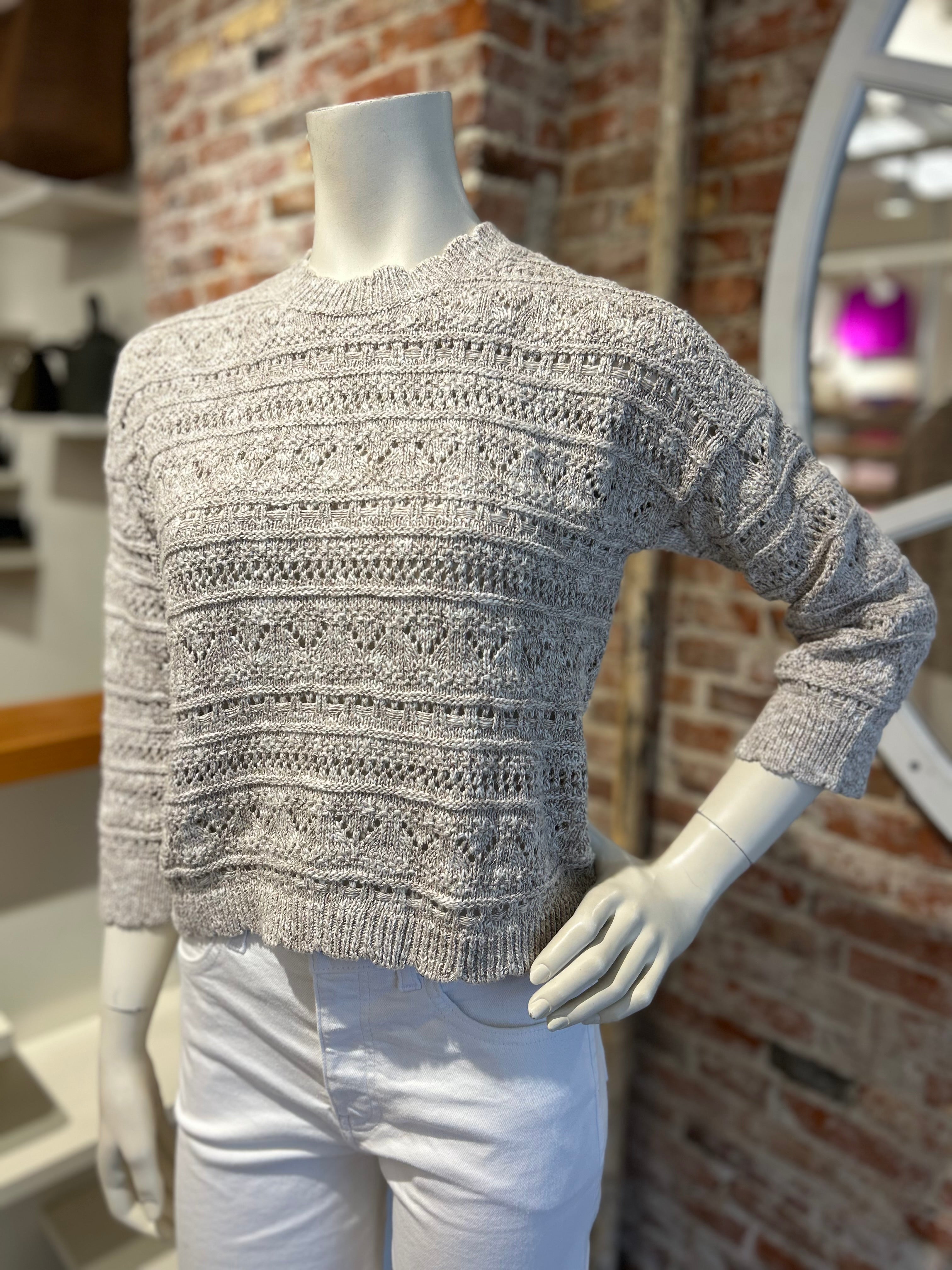 AUTUMN CASHMERE SCALLOP EDGE CROPPED BELL SLEEVE POINTELLE CREW