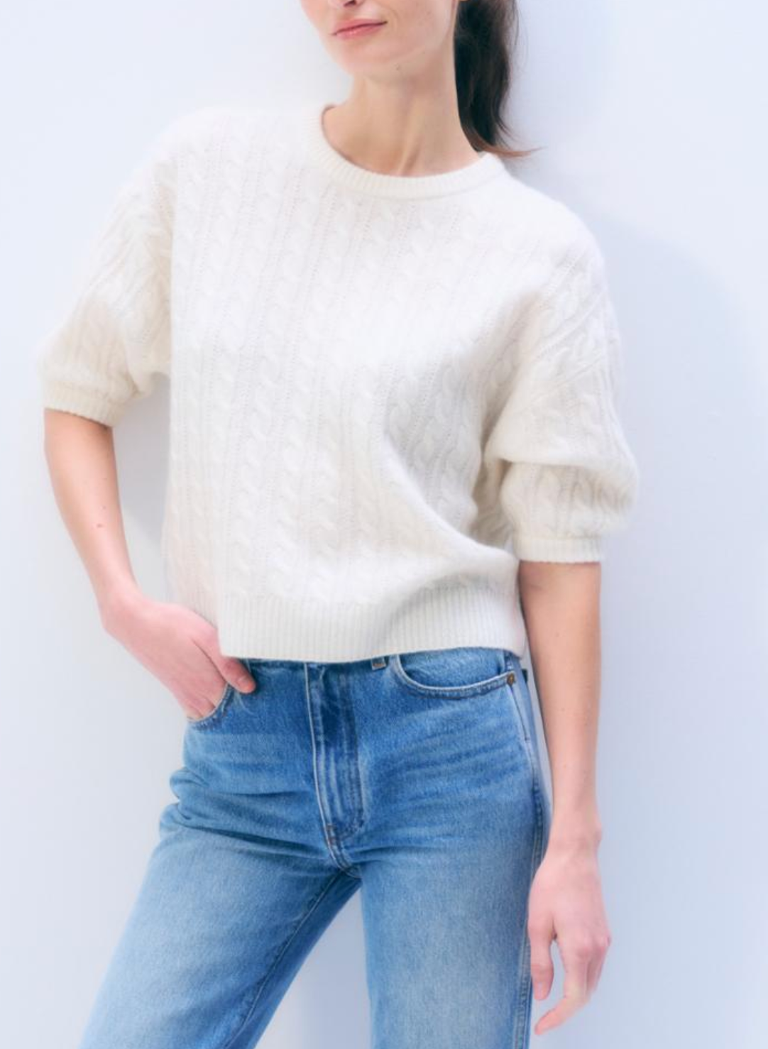 WHITE &amp; WARREN CASHMERE CABLE SHORT SLEEVE SWEATER