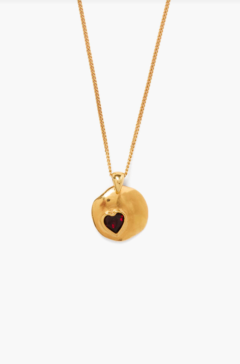 CHAN LUU GOLD DISC W/ GARNET HEART INLAY NECKLACE