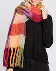 WONA PLAID PATTERNED FRINGE OBLONG SCARF