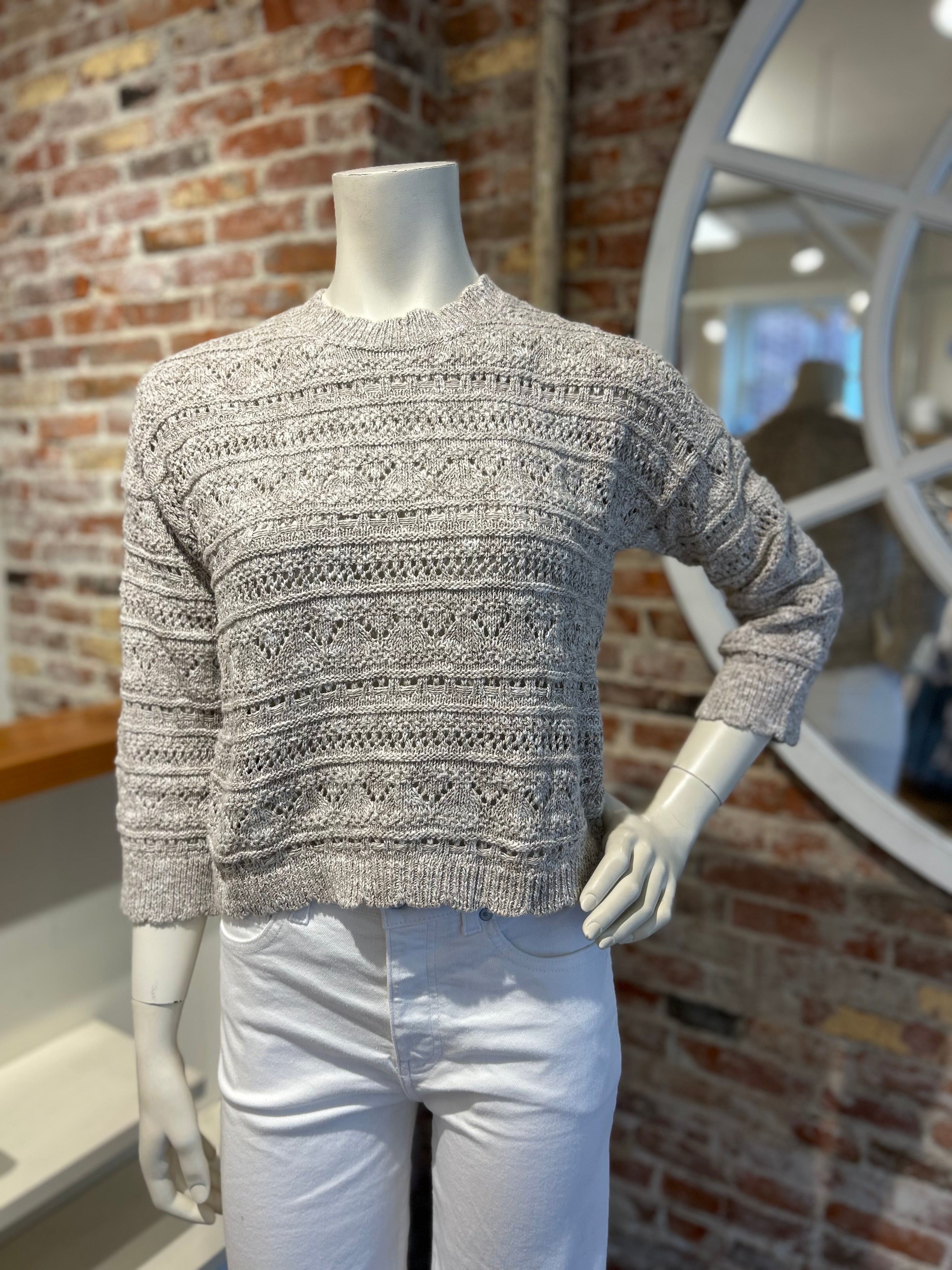 AUTUMN CASHMERE SCALLOP EDGE CROPPED BELL SLEEVE POINTELLE CREW