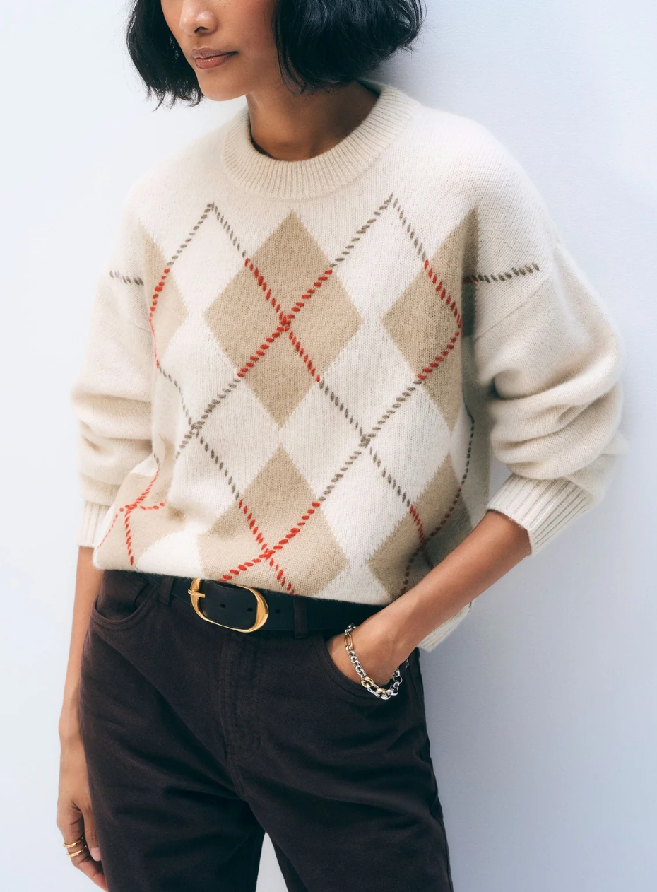 WHITE &amp; WARREN CASHMERE ARGYLE CREW