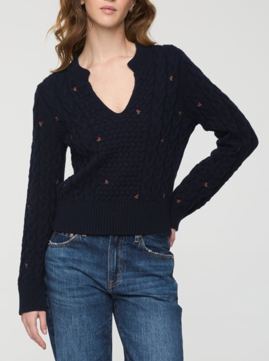 PISTOLA SHANA LONG SLEEVE CABLE EMBROIDERED SWEATER