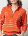 LILLA P STRIPED ZIP FRONT SWEATER