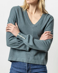 LILLA P SNAP CUFF V NECK SWEATER