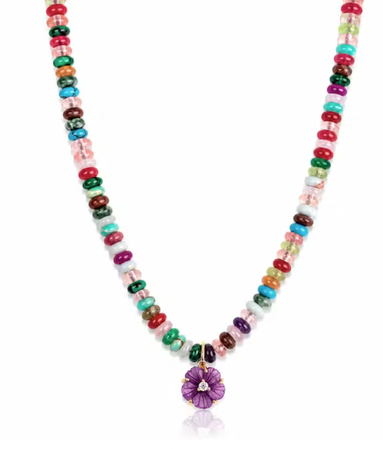 TAI GEMSTONE NECKLACE WITH GLASS CUT FLOWER - PURPLE