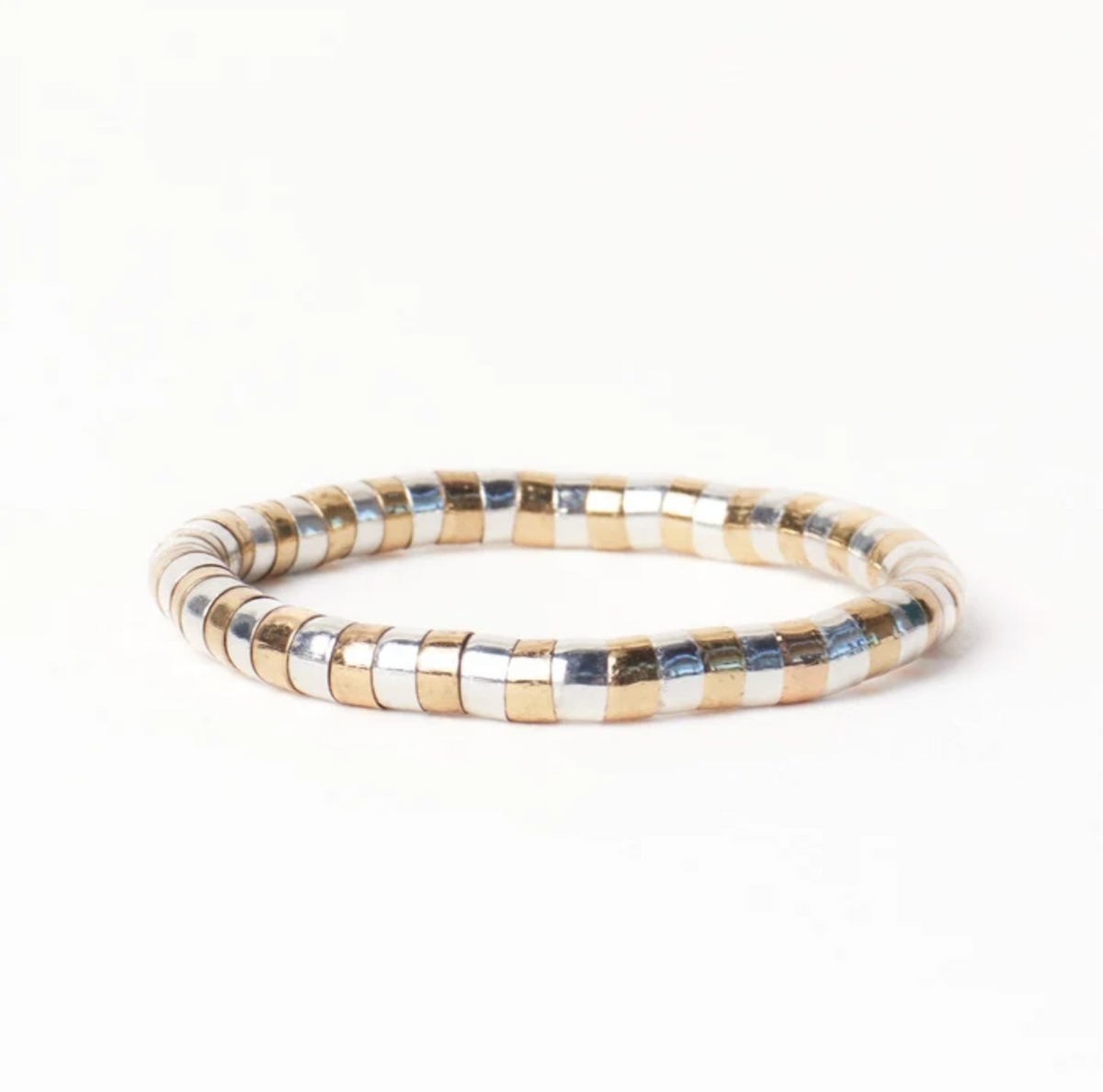 INK + ALLOY LUCILLE ROUND BEAD STRETCH BRACELET ALTERNATING BRASS + SILVER