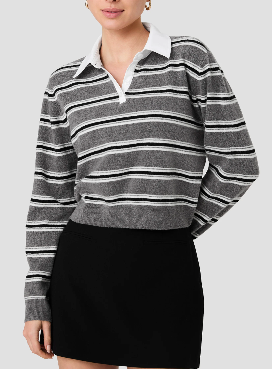 FRENCH CONNECTION YULIA KNIT CAMPUS STRIPE CONTRAST COLLAR PULLOVER