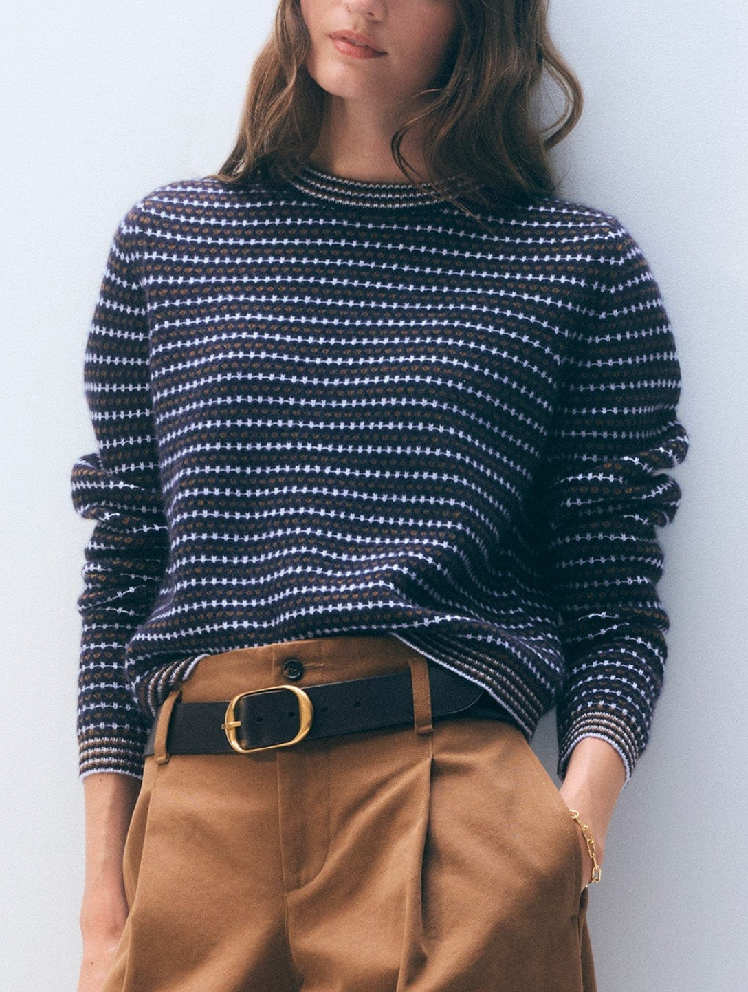 WHITE &amp; WARREN CASHMERE TEXTURED STRIPE CREW