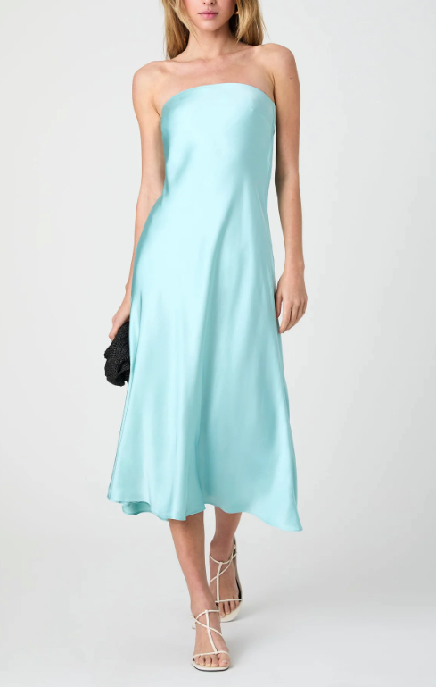 FRENCH CONNECTION OONA SATIN STRAPLESS MIDI DRESS