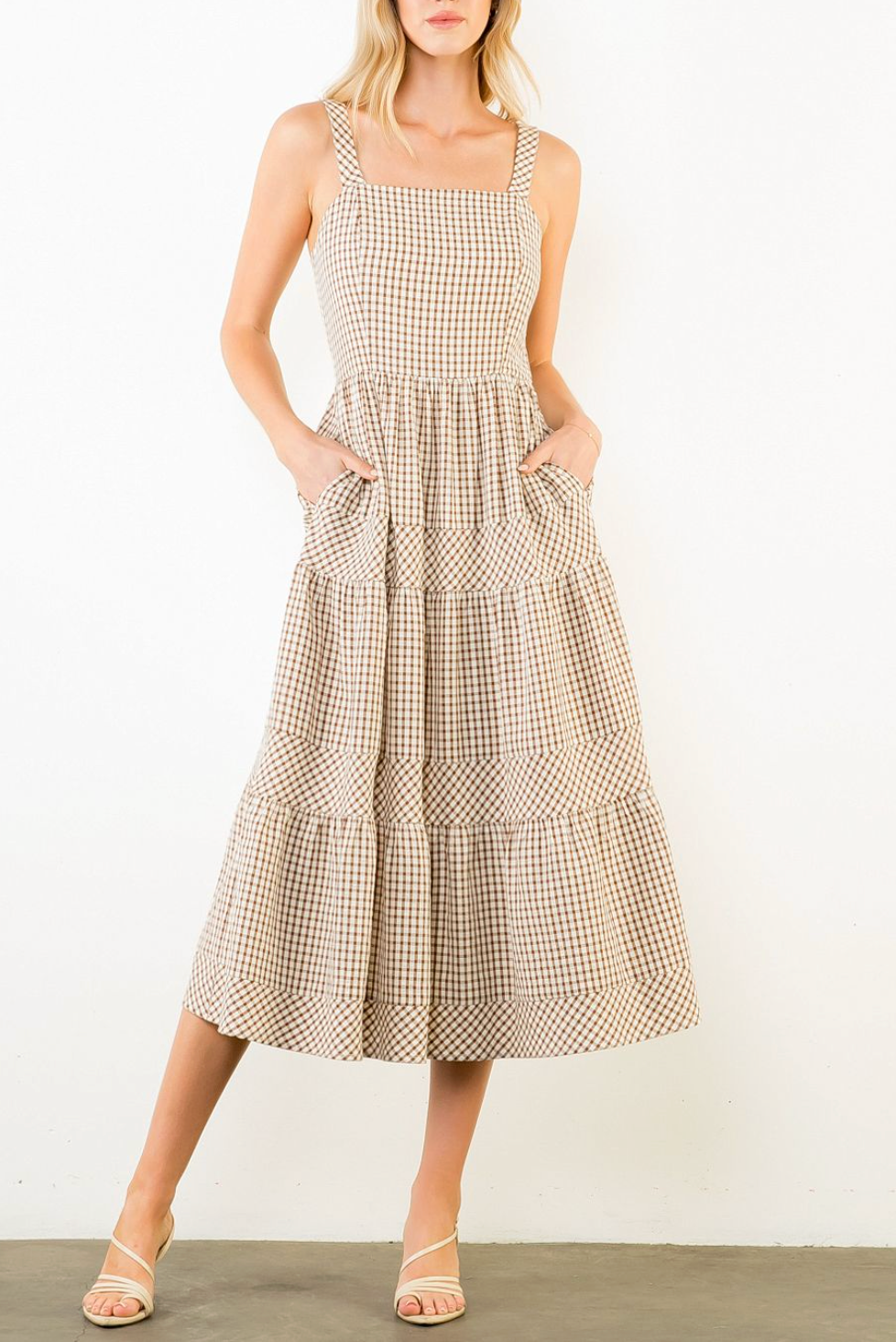 THML THIN STRAP GINGHAM TIERED DRESS