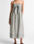 VINCE GINGHAM COTTON-SILK TIE SMOCKED DRESS