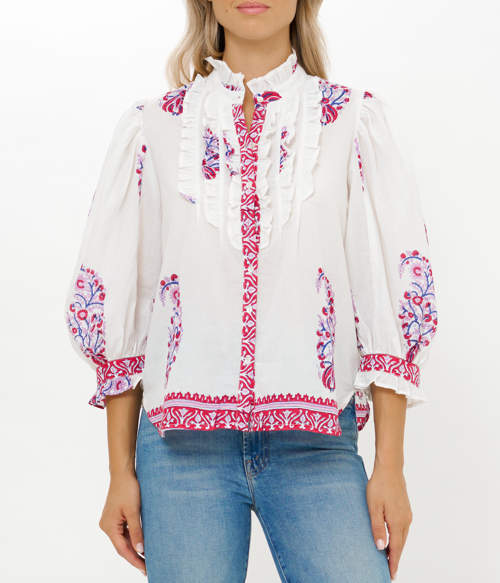 OLIPHANT RUFFLE FRONT BUTTON BLOUSE