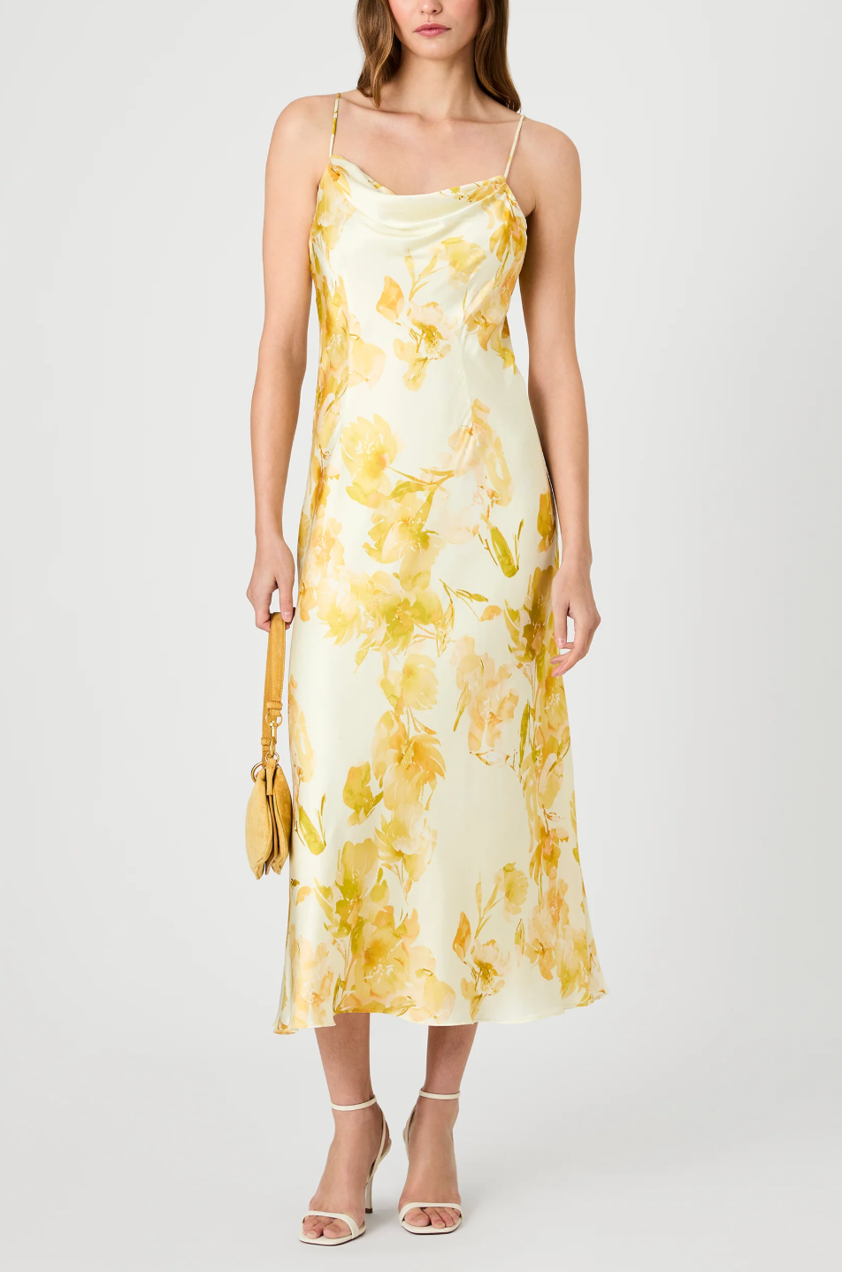 FRENCH CONNECTION OONA SATIN SOPHIE FLEUR COWL NECK MIDI DRESS