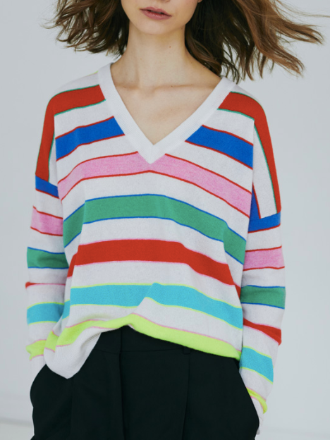 AUTUMN CASHMERE RELAXED V  W/ BRIGHT STRIPE