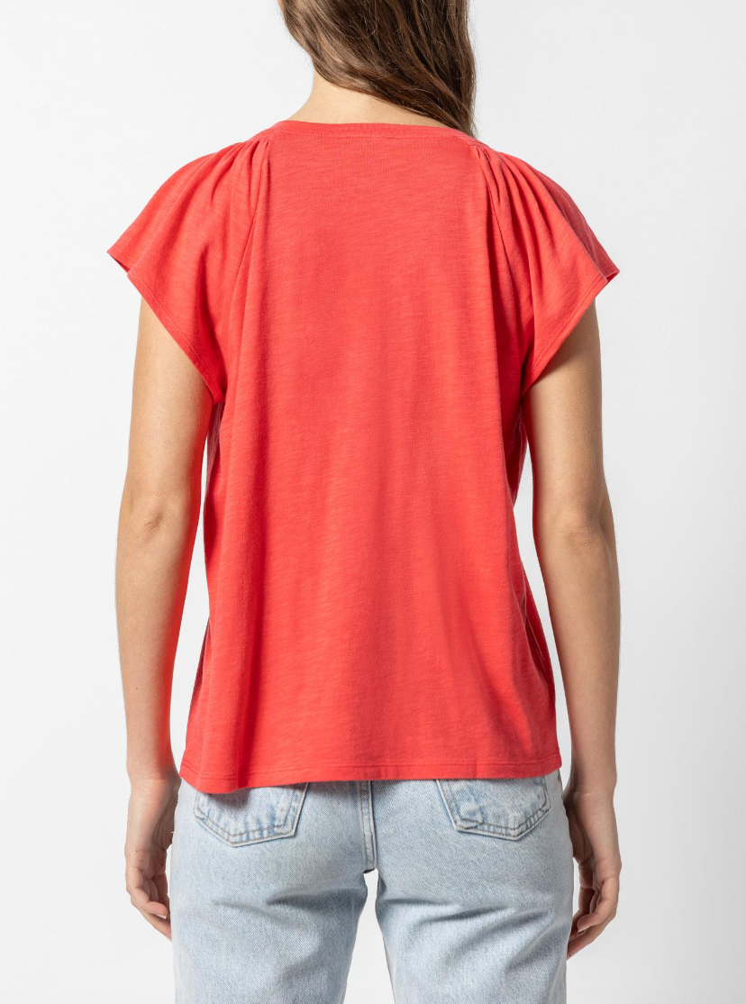LILLA P SHIRRED SHOULDER V NECK