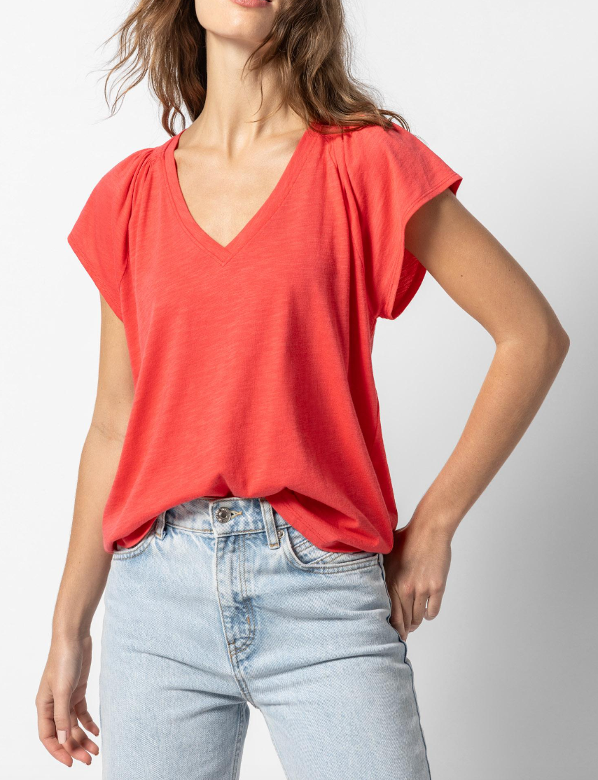 LILLA P SHIRRED SHOULDER V NECK