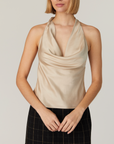 FRENCH CONNECTION ENNIS SATIN HALTER COWL NECK TOP