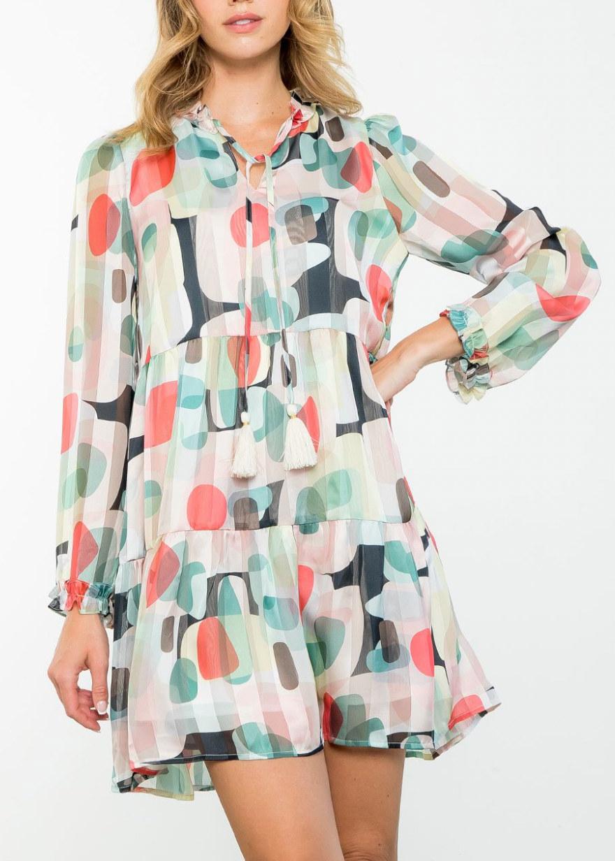 THML TASSEL TIE LONG SLEEVE PRINT DRESS